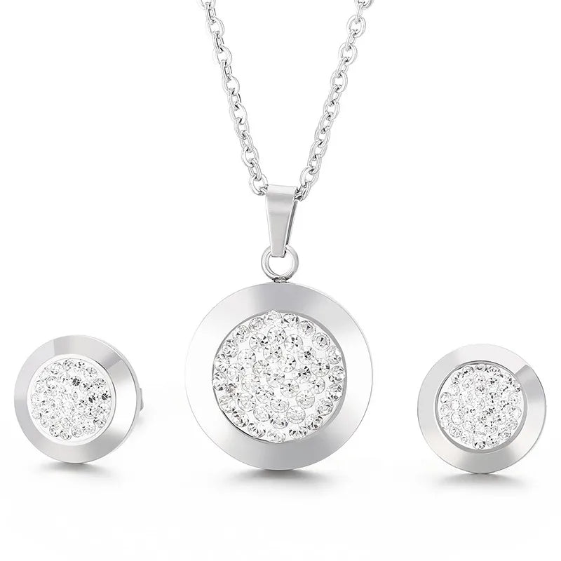 Silver Stainless Steel Sticky Diamond Necklace Earrings Set