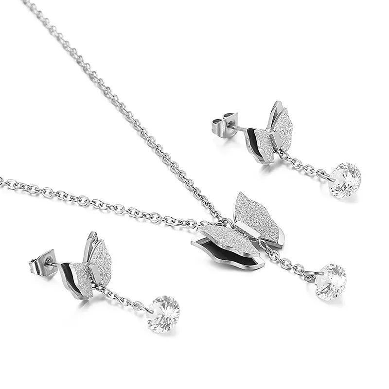 Silver Butterfly Stainless Steel Jewelry Set