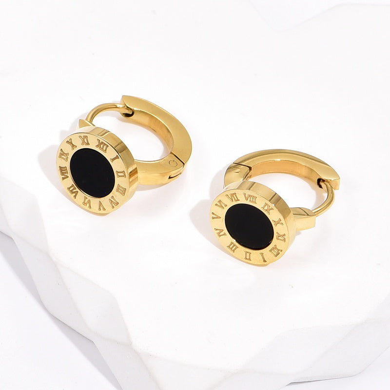 Gold Simple Roman Numeral Black Bezel Earrings