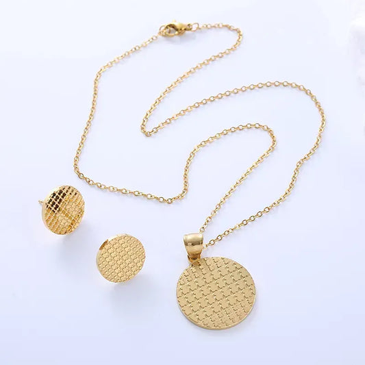 Gold Round Bear Stainless Steel Earrings Necklace Jewelry Set