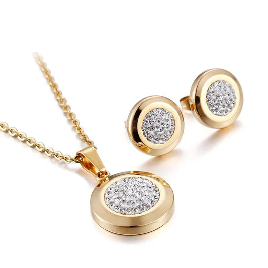 Gold Stainless Steel Sticky Diamond Necklace Earrings Set