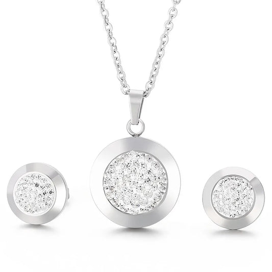 Silver Stainless Steel Sticky Diamond Necklace Earrings Set