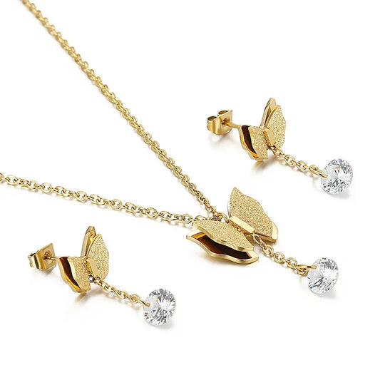 Gold  Butterfly Stainless Steel Jewelry Set