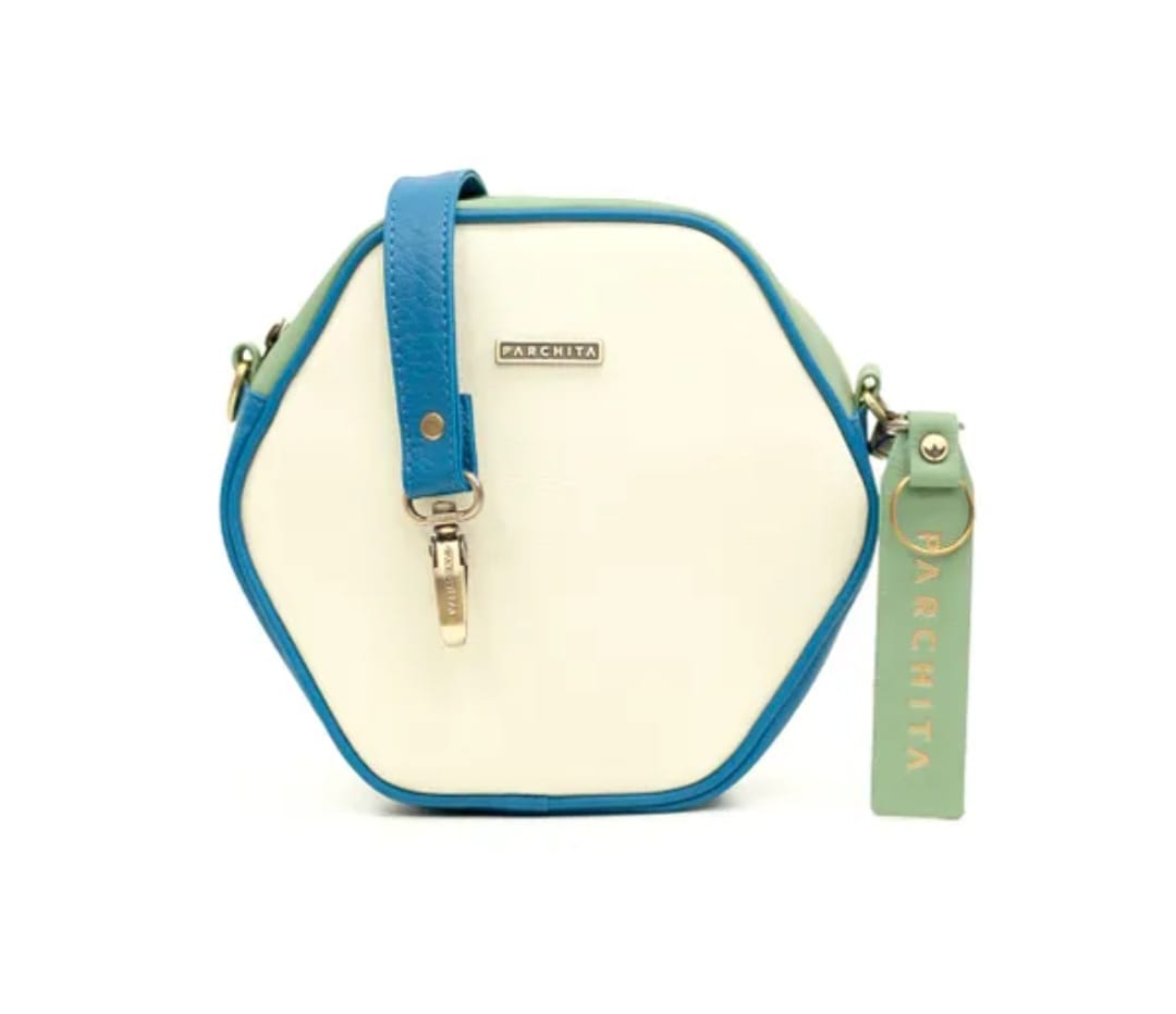 Bandolera Honey Beige y Azul Petroleo