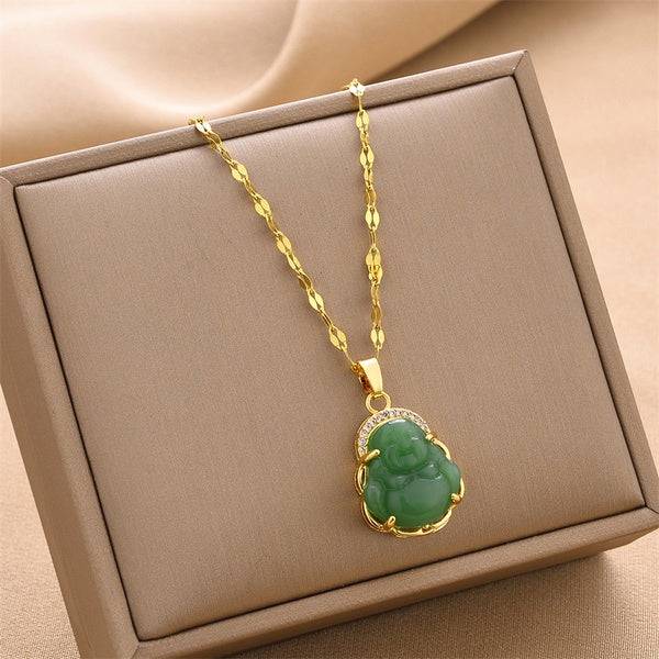 Stainless Steel Necklace Green Buddha